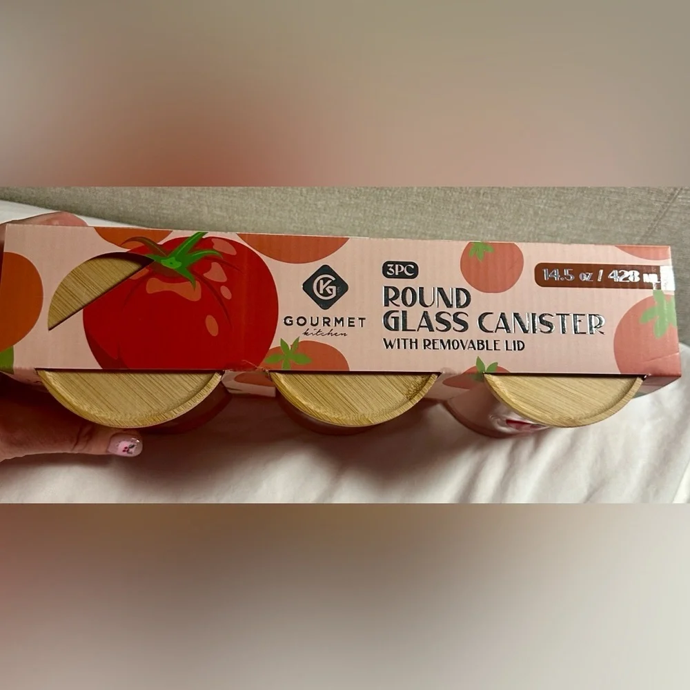 Gourmet Kitchen 3 piece tomato round glass canisters with removable lid